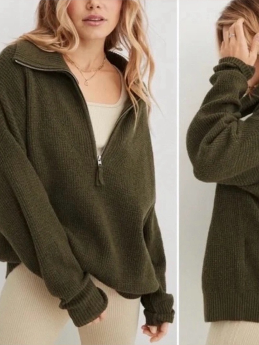 AERIE Oversized Olive Half-Zip Knit Fall Sweater Olive Size Small